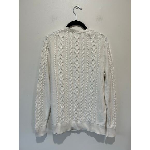 L.L. Bean White Cotton Cable Knit Crew Neck Sweater size L - Picture 3 of 7